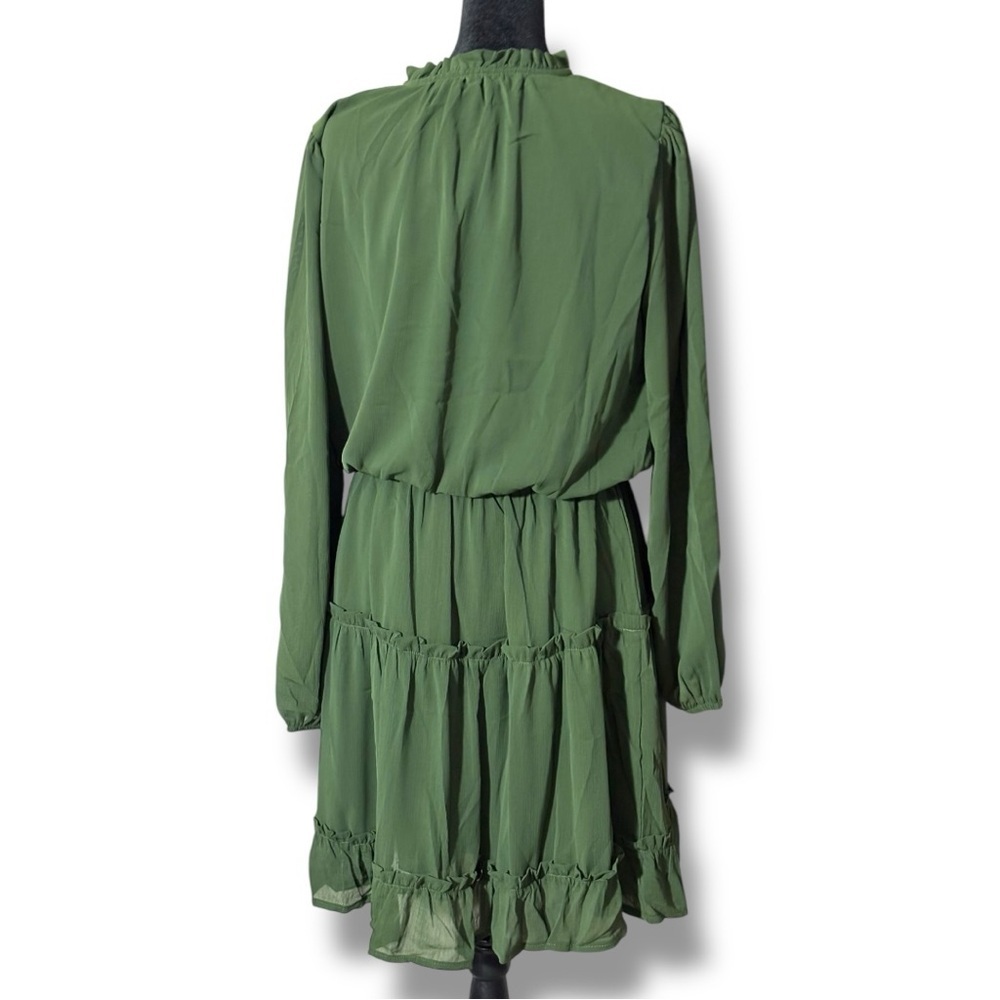 Amazon Army Green Ruffled Tiered V Neck Tie Loose Fit Long Sleeve Mini Sundress - Picture 7 of 16